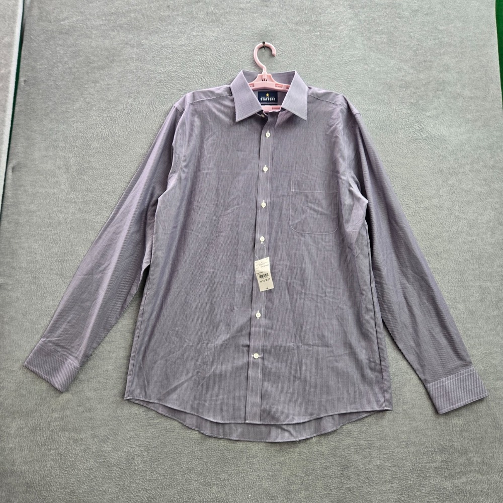 Stafford Men Button Up Shirt‎ 37 Purple Pinstriped Easy Care Fitted Collar NWT